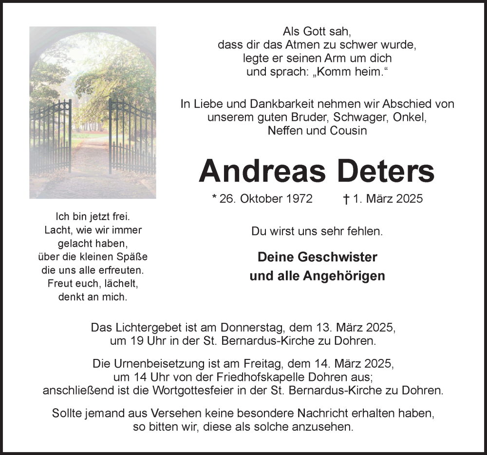  Traueranzeige für Andreas Deters vom 08.03.2025 aus Neue Osnabrücker Zeitung GmbH & Co. KG