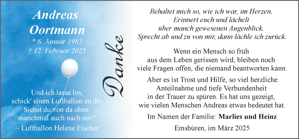  Traueranzeige für Andreas Oortmann vom 26.03.2025 aus Neue Osnabrücker Zeitung GmbH & Co. KG