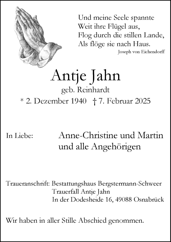Traueranzeige von Antje Jahn von Neue Osnabrücker Zeitung GmbH & Co. KG