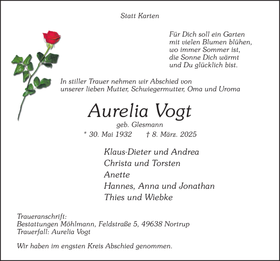 Traueranzeige von Aurelia Vogt von Neue Osnabrücker Zeitung GmbH & Co. KG