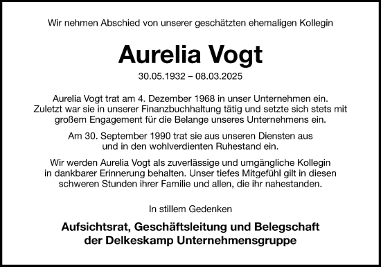 Traueranzeige von Aurelia Vogt von Neue Osnabrücker Zeitung GmbH & Co. KG