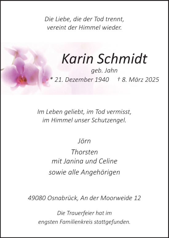 Traueranzeige von Karin Schmidt von Neue Osnabrücker Zeitung GmbH & Co. KG