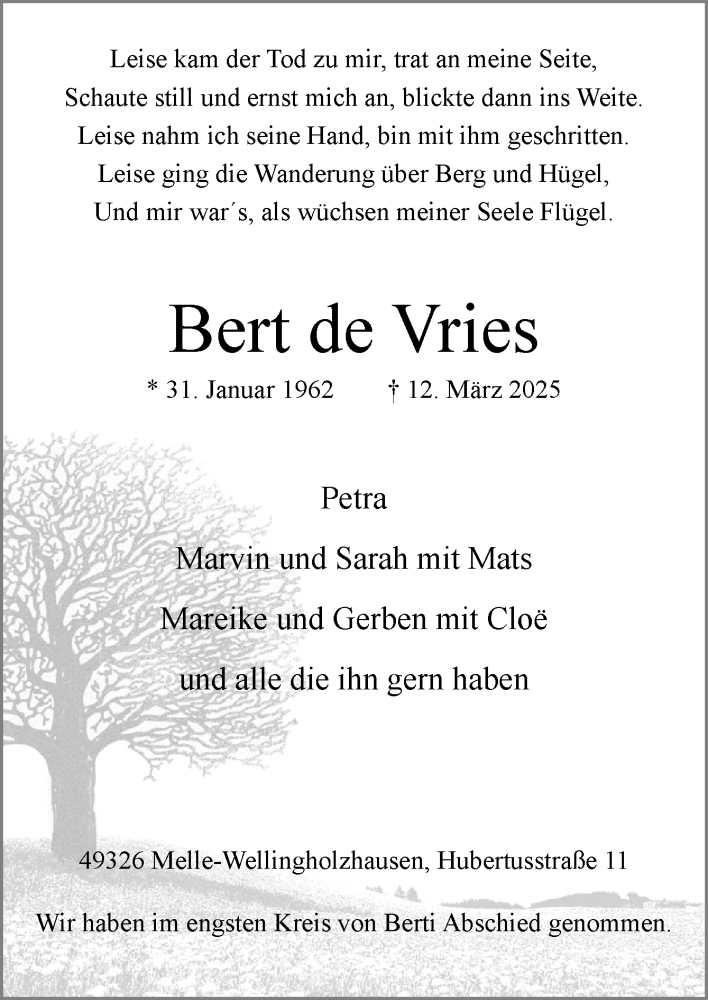  Traueranzeige für Bert de Vries vom 26.03.2025 aus Neue Osnabrücker Zeitung GmbH & Co. KG