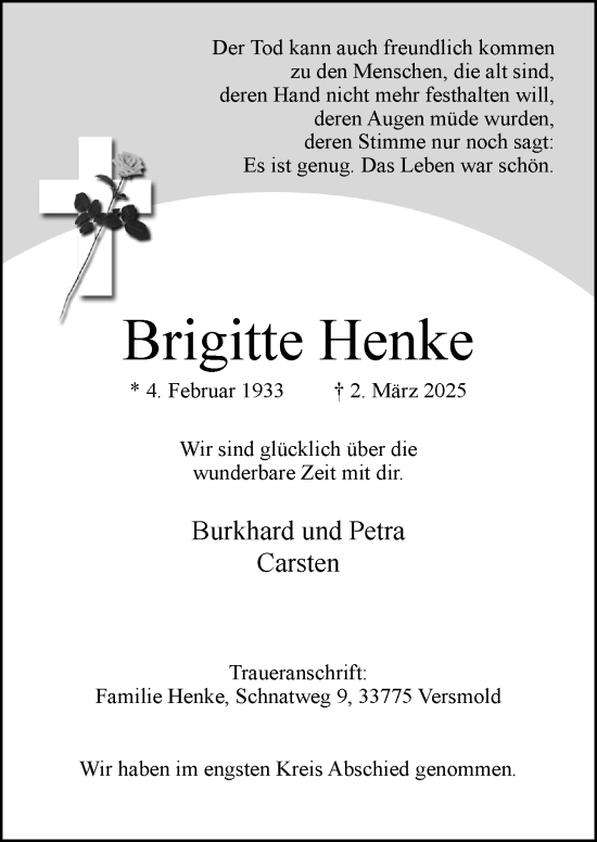 Traueranzeige von Brigitte Henke von Neue Osnabrücker Zeitung GmbH & Co. KG