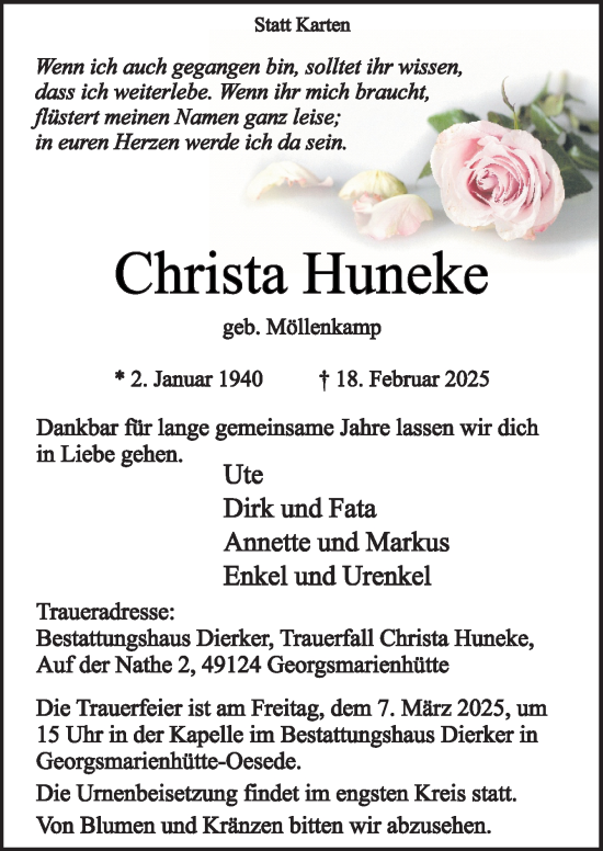 Traueranzeige von Christa Huneke von Neue Osnabrücker Zeitung GmbH & Co. KG