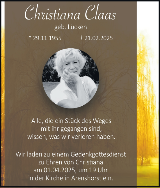 Traueranzeige von Christiana Claas von Neue Osnabrücker Zeitung GmbH & Co. KG