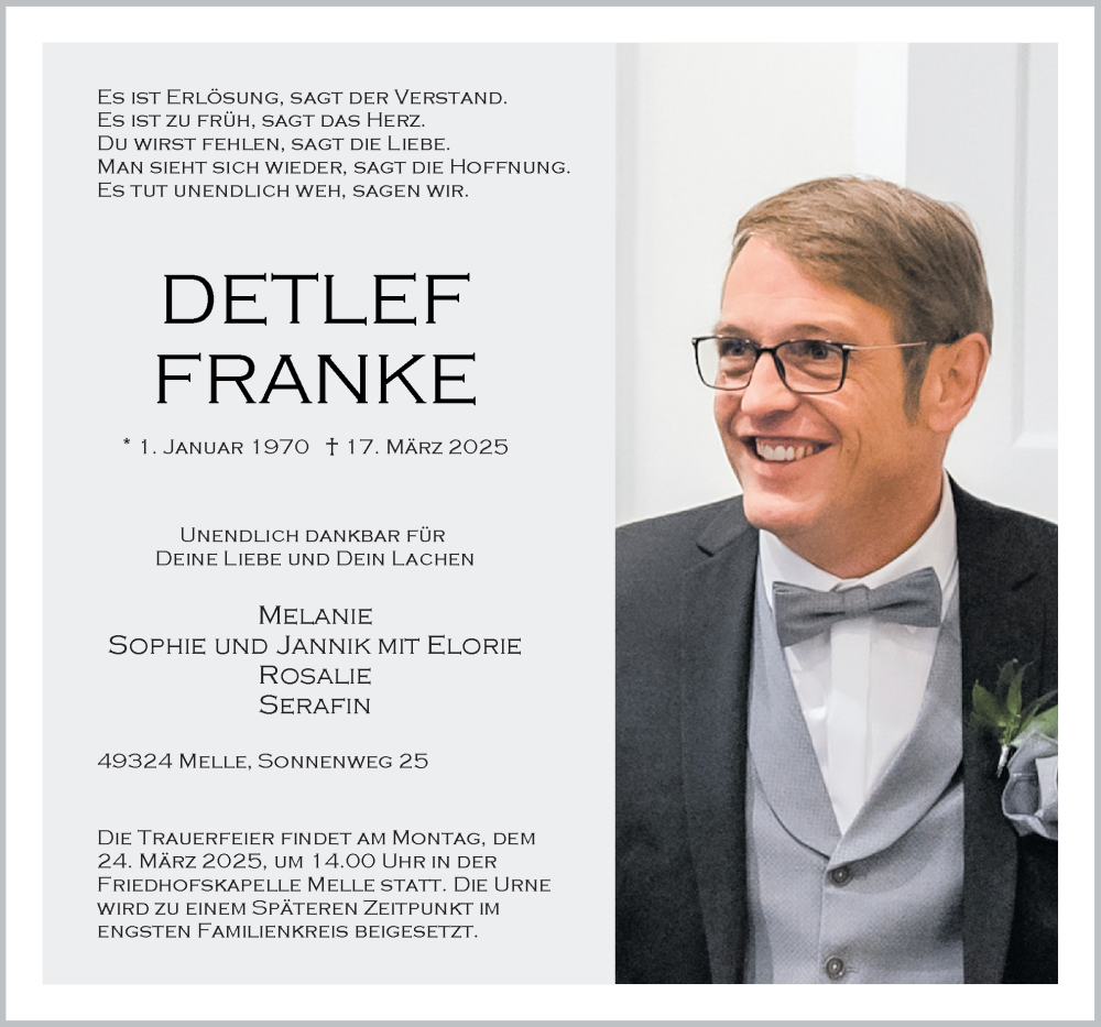  Traueranzeige für Detlef Franke vom 22.03.2025 aus Neue Osnabrücker Zeitung GmbH & Co. KG