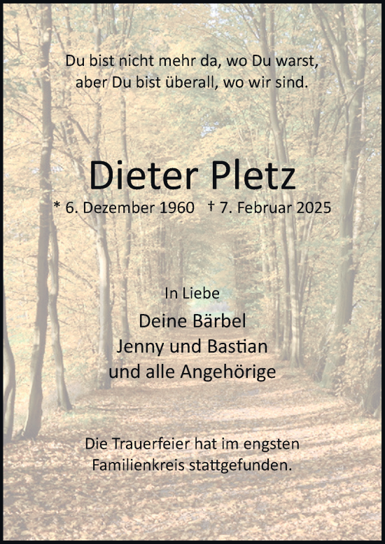 Traueranzeige von Dieter Pletz von Neue Osnabrücker Zeitung GmbH & Co. KG