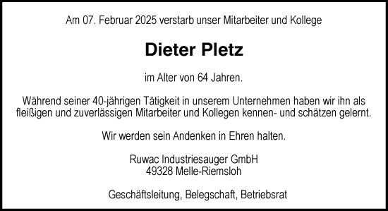 Traueranzeige von Dieter Pletz von Neue Osnabrücker Zeitung GmbH & Co. KG