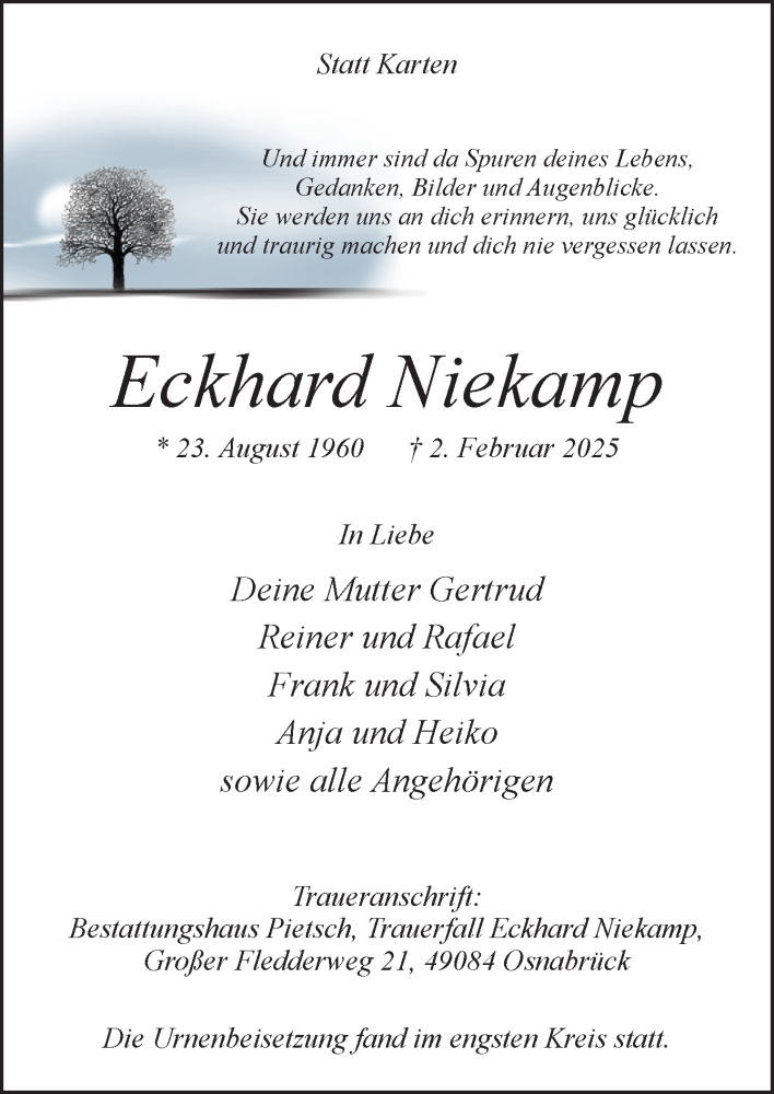  Traueranzeige für Eckhard Niekamp vom 08.03.2025 aus Neue Osnabrücker Zeitung GmbH & Co. KG