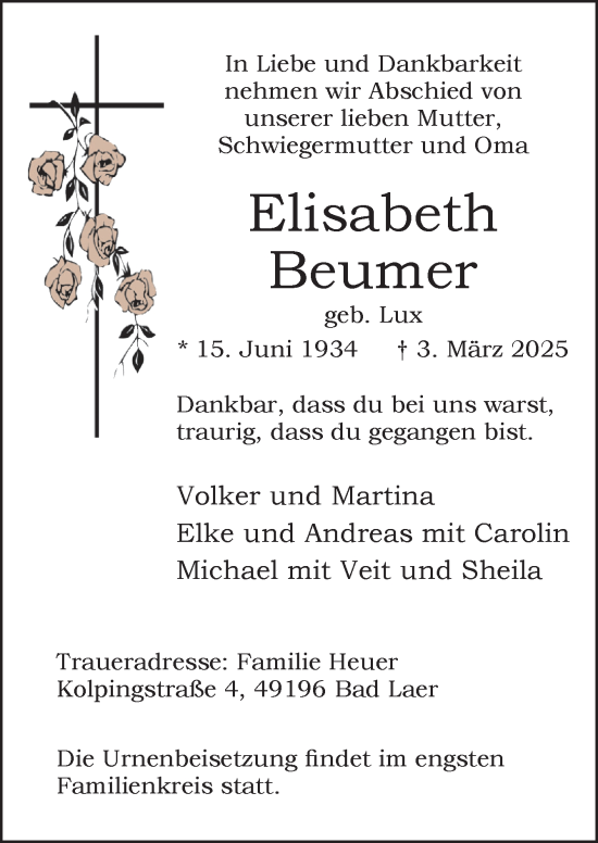 Traueranzeige von Elisabeth Beumer von Neue Osnabrücker Zeitung GmbH & Co. KG