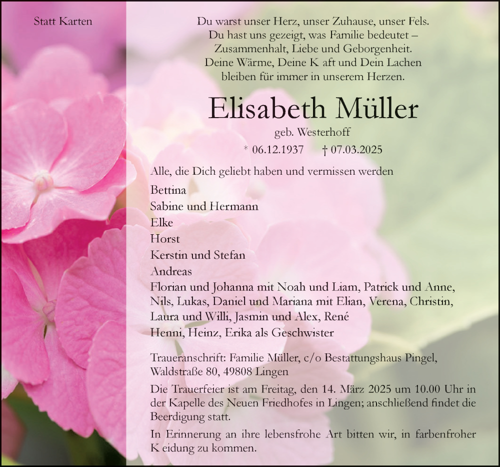  Traueranzeige für Elisabeth Müller vom 11.03.2025 aus Neue Osnabrücker Zeitung GmbH & Co. KG