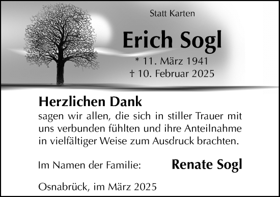 Traueranzeige von Erich Sogl von Neue Osnabrücker Zeitung GmbH & Co. KG