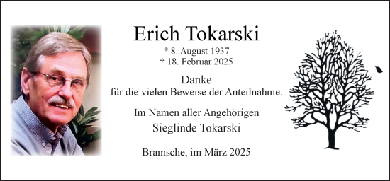 Traueranzeige von Erich Tokarski von Neue Osnabrücker Zeitung GmbH & Co. KG