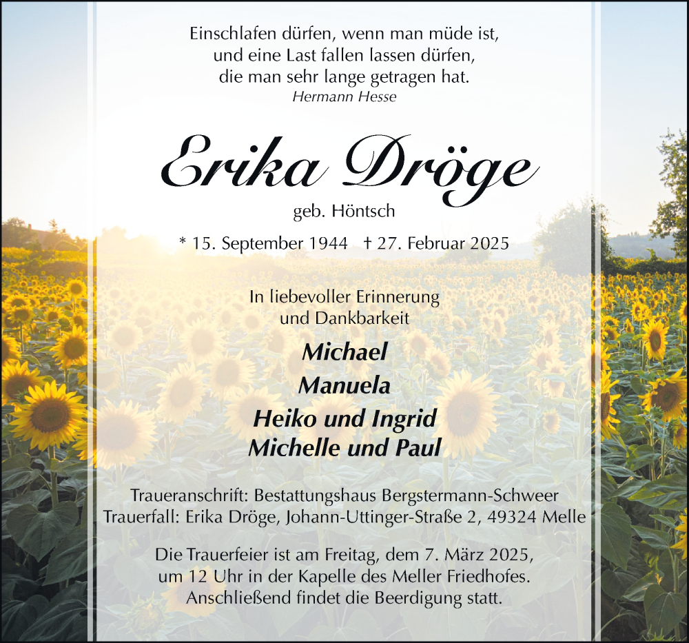  Traueranzeige für Erika Dröge vom 05.03.2025 aus Neue Osnabrücker Zeitung GmbH & Co. KG