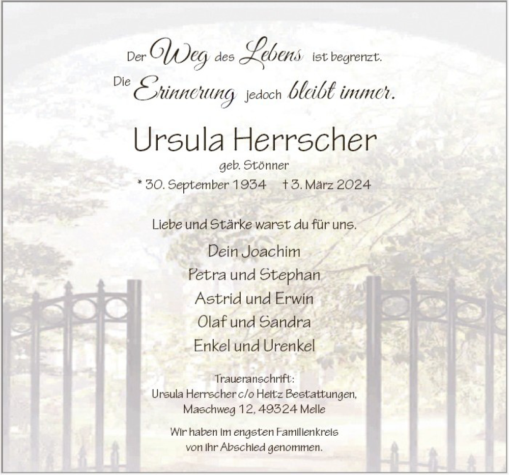  Traueranzeige für Ursula Herrscher vom 26.03.2024 aus Neue Osnabrücker Zeitung GmbH & Co. KG