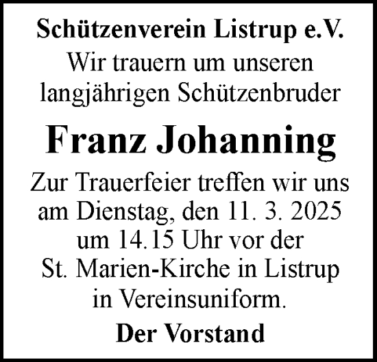Traueranzeige von Franz Johanning von Neue Osnabrücker Zeitung GmbH & Co. KG