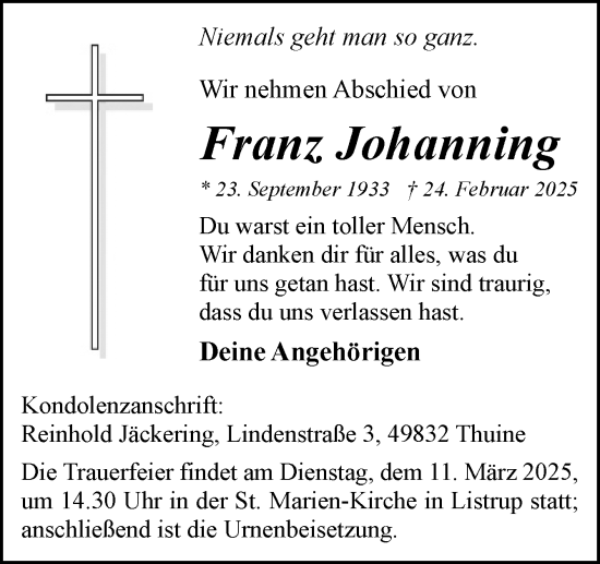 Traueranzeige von Franz Johanning von Neue Osnabrücker Zeitung GmbH & Co. KG