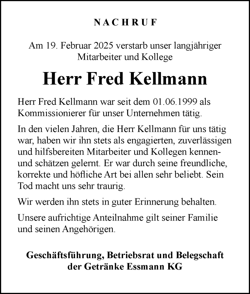  Traueranzeige für Fred Kellmann vom 01.03.2025 aus Neue Osnabrücker Zeitung GmbH & Co. KG