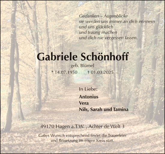 Traueranzeige von Gabriele Schönhoff von Neue Osnabrücker Zeitung GmbH & Co. KG