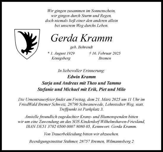 Traueranzeige von Gerda Kramm von DK Medien GmbH & Co. KG