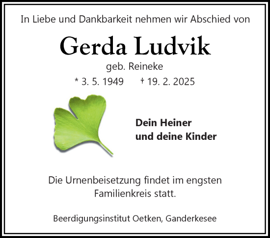 Traueranzeige von Gerda Ludvik von DK Medien GmbH & Co. KG