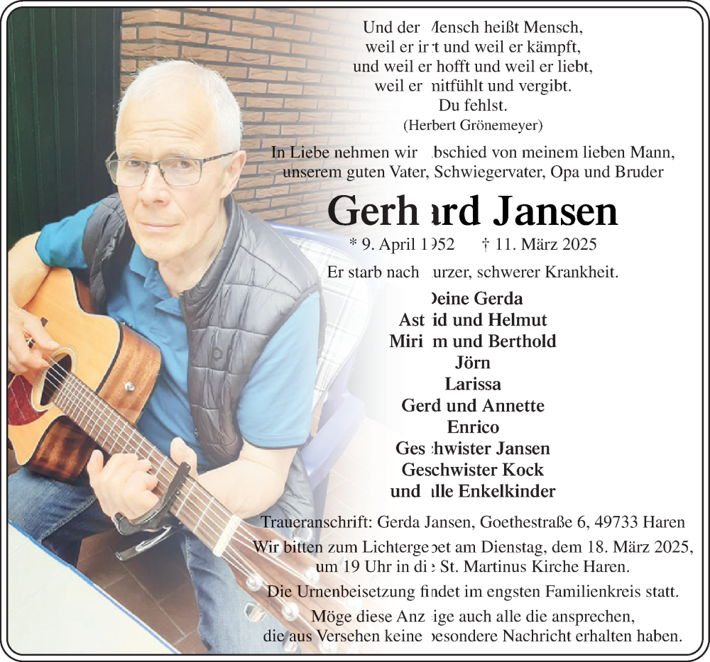  Traueranzeige für Gerhard Jansen vom 15.03.2025 aus Neue Osnabrücker Zeitung GmbH & Co. KG