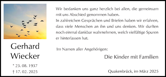 Traueranzeige von Gerhard Wiecker von Neue Osnabrücker Zeitung GmbH & Co. KG