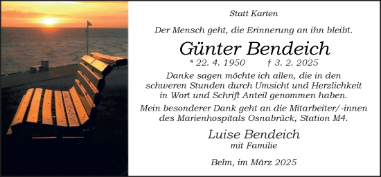 Traueranzeige von Günter Bendeich von Neue Osnabrücker Zeitung GmbH & Co. KG