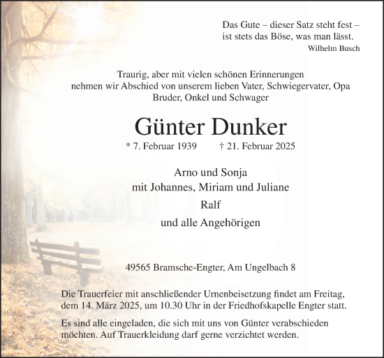 Traueranzeige von Günter Dunker von Neue Osnabrücker Zeitung GmbH & Co. KG