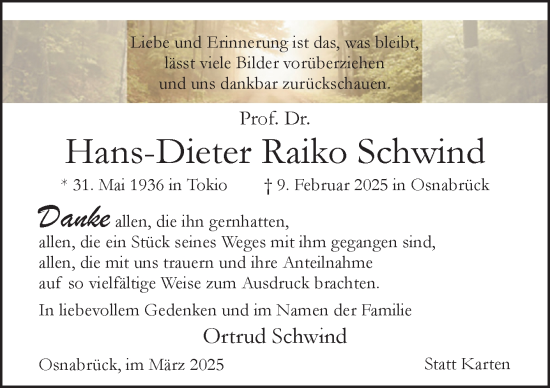Traueranzeige von Hans-Dieter Raiko Schwind von Neue Osnabrücker Zeitung GmbH & Co. KG