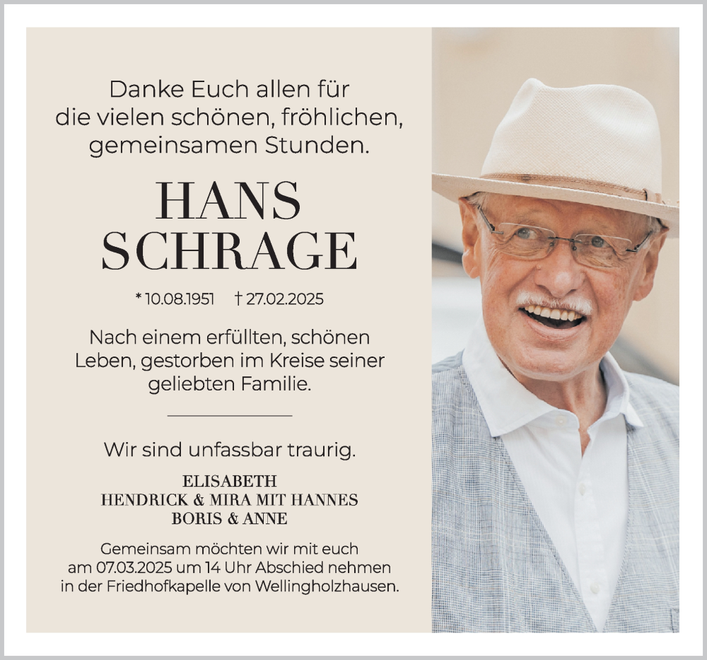  Traueranzeige für Hans Schrage vom 01.03.2025 aus Neue Osnabrücker Zeitung GmbH & Co. KG