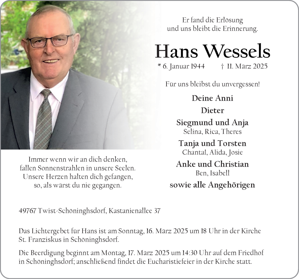  Traueranzeige für Hans Wessels vom 14.03.2025 aus Neue Osnabrücker Zeitung GmbH & Co. KG