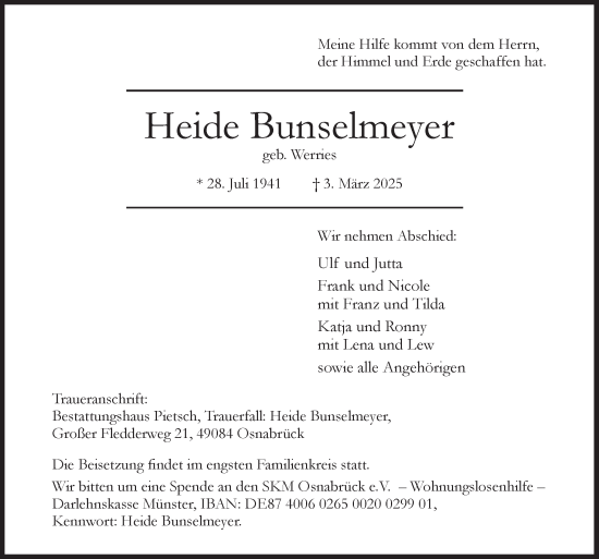 Traueranzeige von Heide Bunselmeyer von Neue Osnabrücker Zeitung GmbH & Co. KG