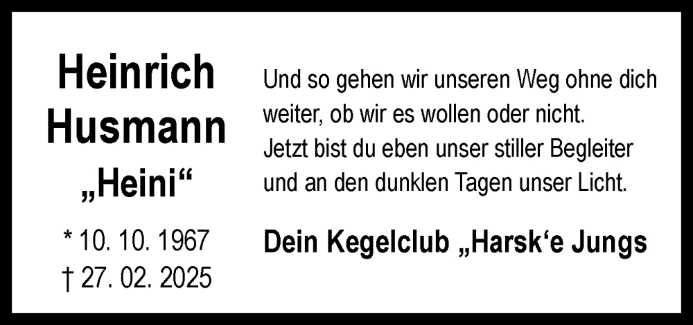  Traueranzeige für Heinrich Husmann vom 08.03.2025 aus Neue Osnabrücker Zeitung GmbH & Co. KG