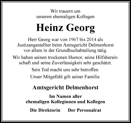 Traueranzeige von Heinz Georg von DK Medien GmbH & Co. KG