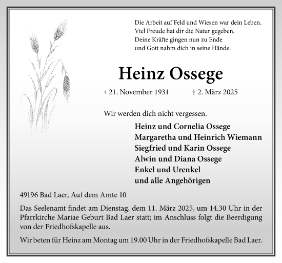 Traueranzeige von Heinz Ossege von Neue Osnabrücker Zeitung GmbH & Co. KG