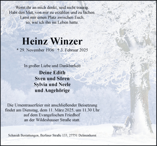 Traueranzeige von Heinz Winzer von DK Medien GmbH & Co. KG