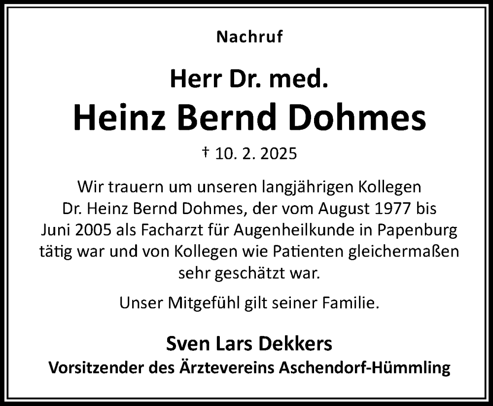  Traueranzeige für Heinz Bernd Dohmes vom 01.03.2025 aus Neue Osnabrücker Zeitung GmbH & Co. KG