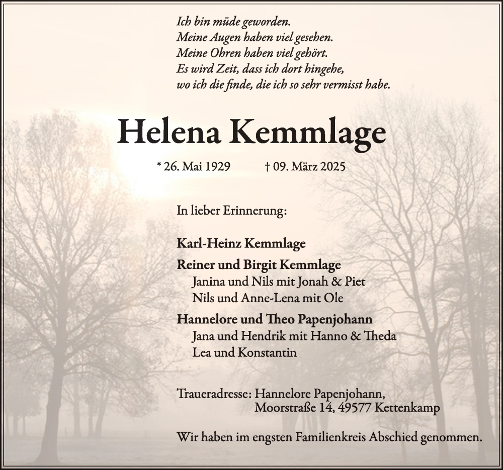  Traueranzeige für Helena Kemmlage vom 15.03.2025 aus Neue Osnabrücker Zeitung GmbH & Co. KG