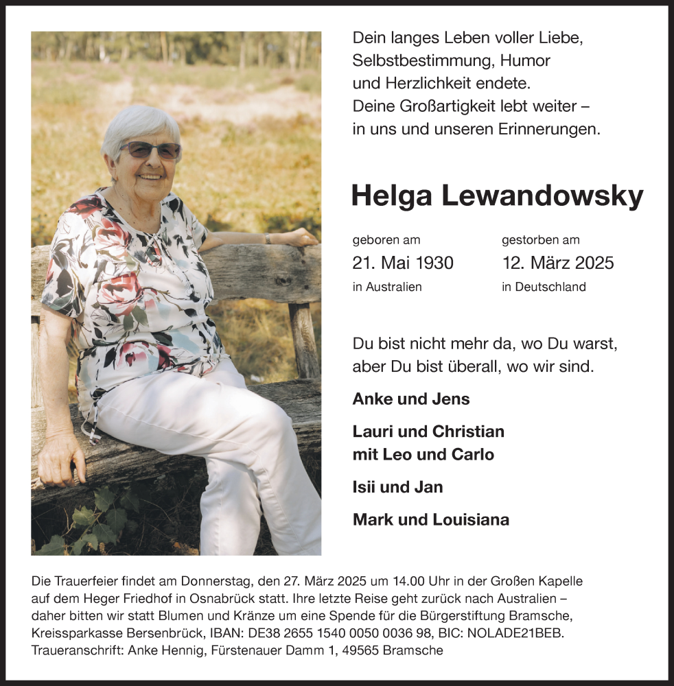  Traueranzeige für Helga Lewandowsky vom 15.03.2025 aus Neue Osnabrücker Zeitung GmbH & Co. KG