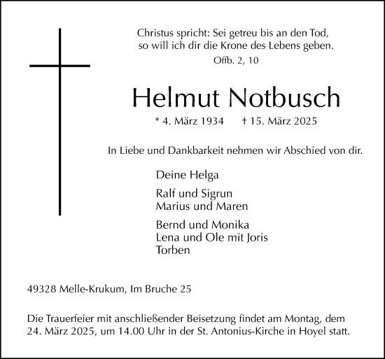 Traueranzeige von Helmut Notbusch von Neue Osnabrücker Zeitung GmbH & Co. KG