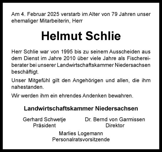Traueranzeige von Helmut Schlie von Neue Osnabrücker Zeitung GmbH & Co. KG