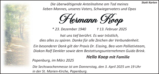 Traueranzeige von Hermann Koop von Neue Osnabrücker Zeitung GmbH & Co. KG