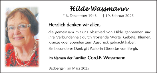 Traueranzeige von Hilde Wassmann von Neue Osnabrücker Zeitung GmbH & Co. KG