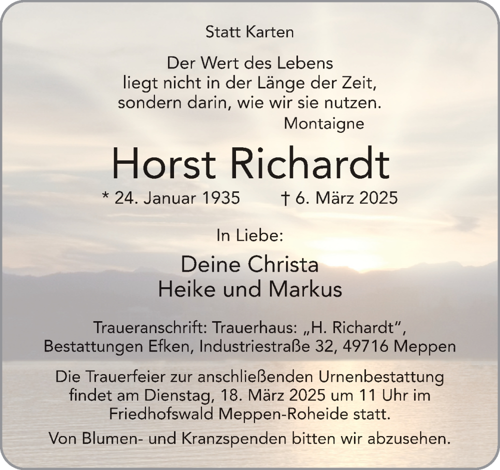  Traueranzeige für Horst Richardt vom 08.03.2025 aus Neue Osnabrücker Zeitung GmbH & Co. KG