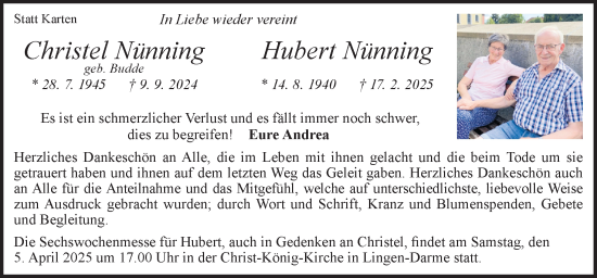 Traueranzeige von Hubert Nünning von Neue Osnabrücker Zeitung GmbH & Co. KG