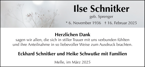 Traueranzeige von Ilse Schnitker von Neue Osnabrücker Zeitung GmbH & Co. KG