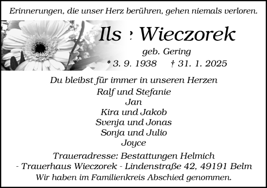 Traueranzeige von Ilsee Wieczorek von Neue Osnabrücker Zeitung GmbH & Co. KG