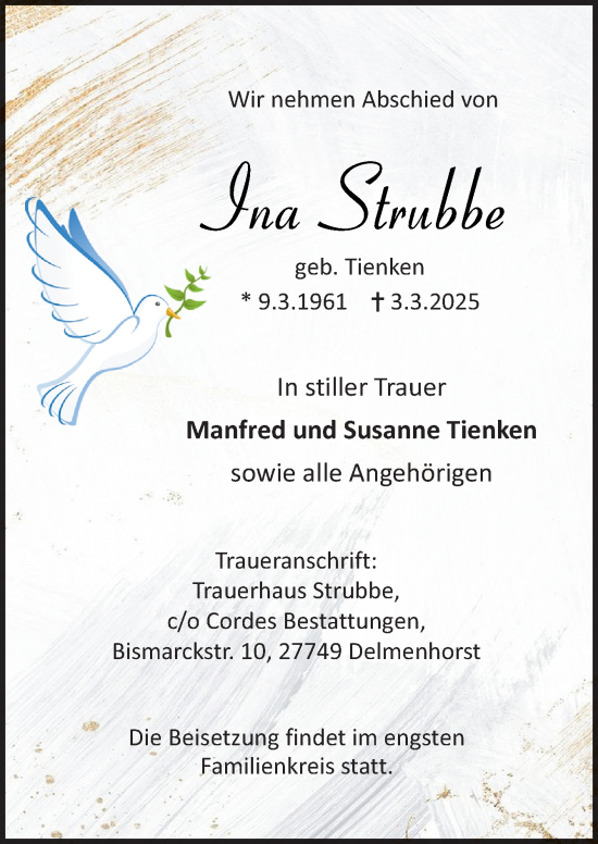 Traueranzeige von Ina Strubbe von DK Medien GmbH & Co. KG